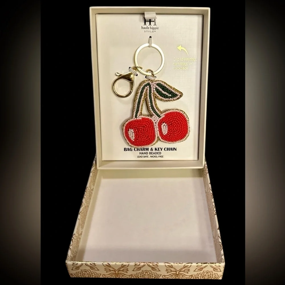 HAUTE HIPPIE STYLE Hand-Beaded Crafted Cherry Keychain Bag Purse Charm NEW NWT